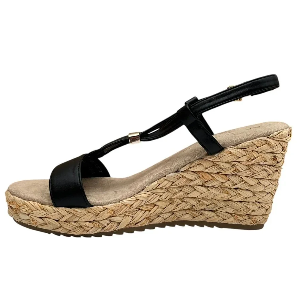 Anne Klein Akwanessa Women’s Espadrille‎ Wedge Sandals Size 9 Black-Tan Strappy